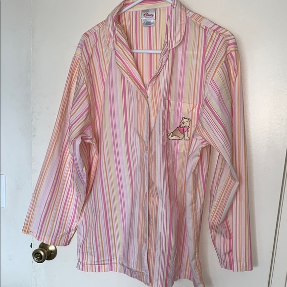 Gently Loved Disney Striped Pajama Top with Embroidered Winnie the Pooh - Picture 1 of 6